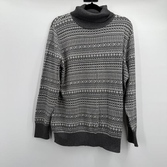 L.L.Bean Sweater Womens XL Gray White Turtleneck Fair Isle Nordic Cashmere Blend - Picture 1 of 11